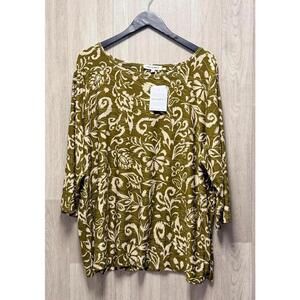 Emily Daniels Sage Green Print 3/4 Sleeve Blouse Women Size 2X